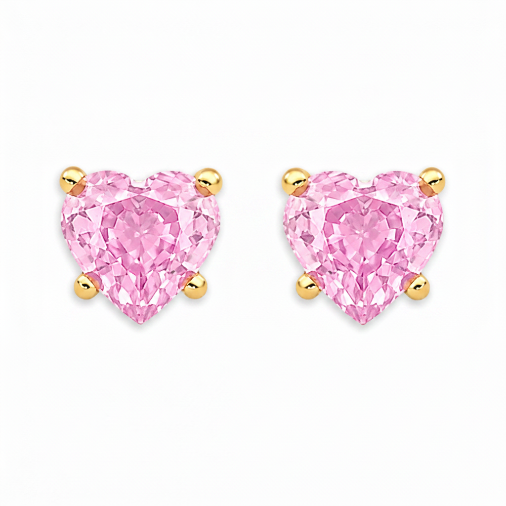 14k gold heart stud earrings with pink sapphires