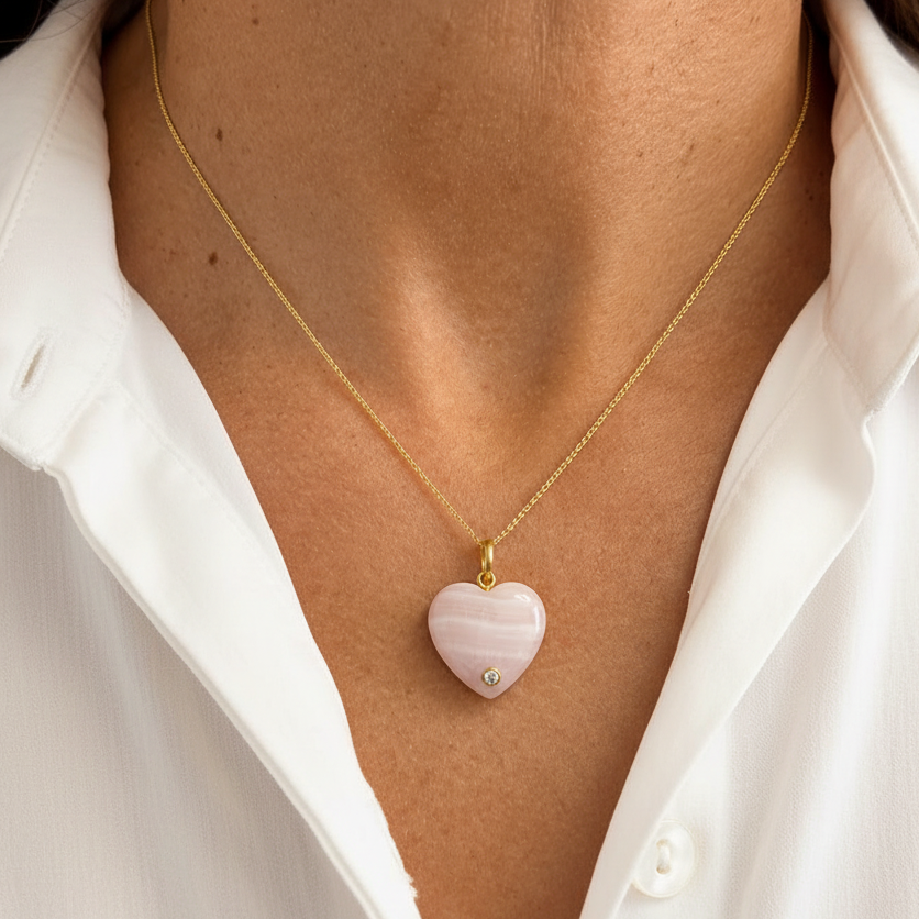 14k gold heart pendant with rose quartz and round diamonds
