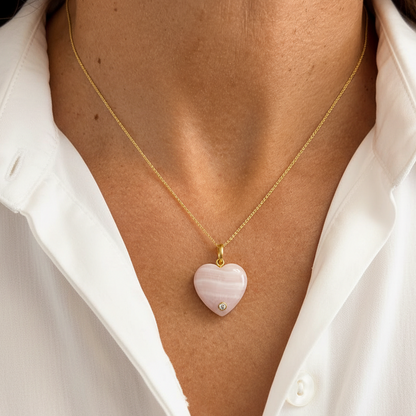 14k gold heart pendant with rose quartz and round diamonds