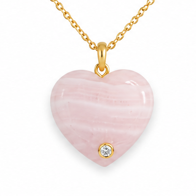 14k gold heart pendant with rose quartz and round diamonds