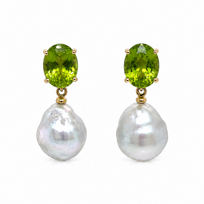 14k gold drop earrings with south sea pearls and oval peridot stones