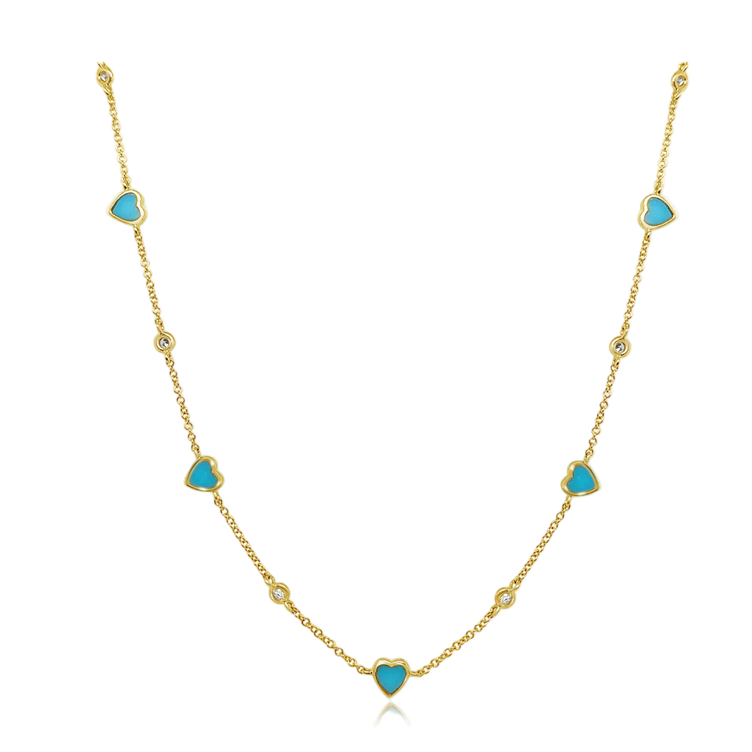 14k gold necklace with turquoise hearts and natural diamonds