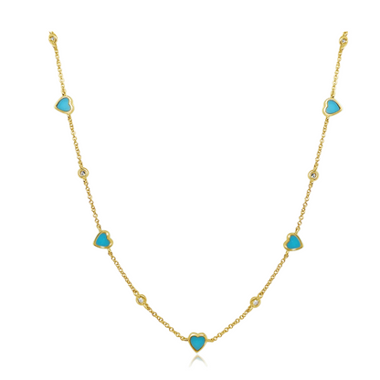 14k gold necklace with turquoise hearts and natural diamonds