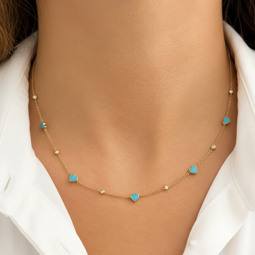 14k gold necklace with turquoise hearts and natural diamonds