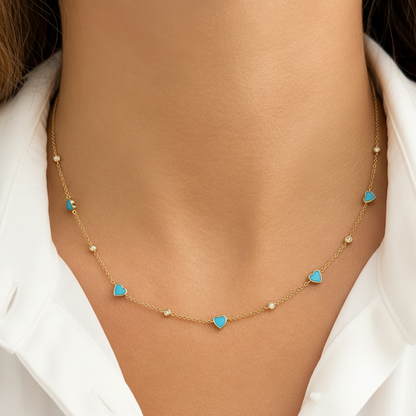 14k gold necklace with turquoise hearts and natural diamonds
