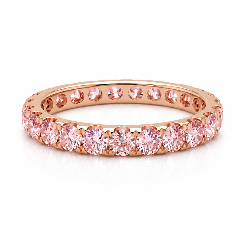 14k rose gold pink lab diamond eternity band with 1.61 ct round diamonds