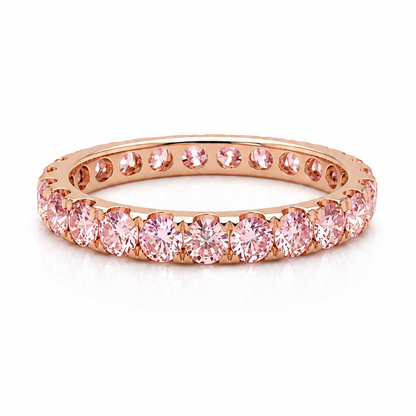 14k rose gold pink lab diamond eternity band with 1.61 ct round diamonds
