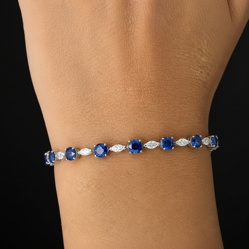 close up of ceylon sapphire marquise diamond bracelet detail