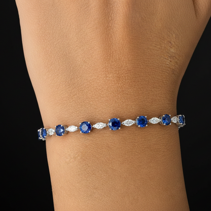 close up of ceylon sapphire marquise diamond bracelet detail