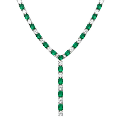 14k white gold tennis necklace with natural emeralds and diamonds
