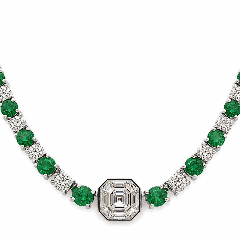 14k white gold tennis necklace with round emeralds and diamonds crown prong