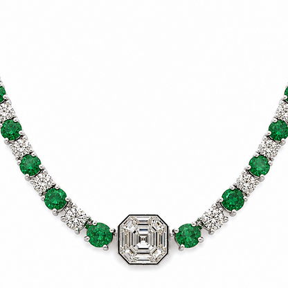 14k white gold tennis necklace with round emeralds and diamonds crown prong