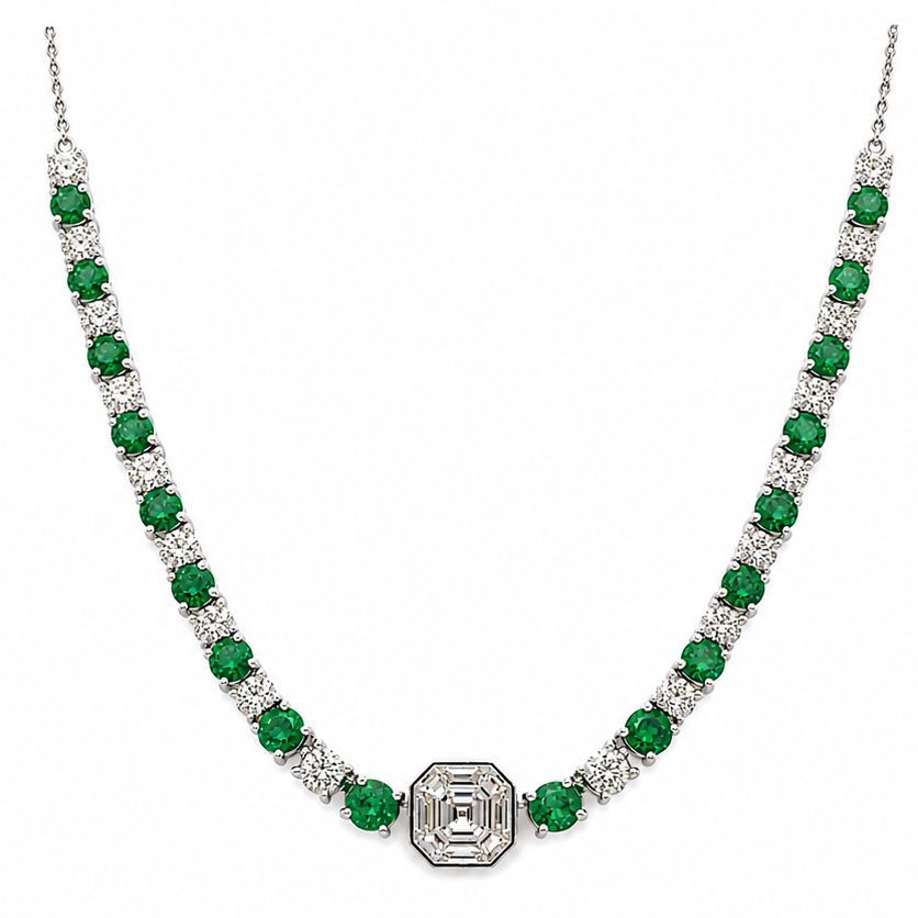 emerald diamond tennis necklace 14k white gold side full view