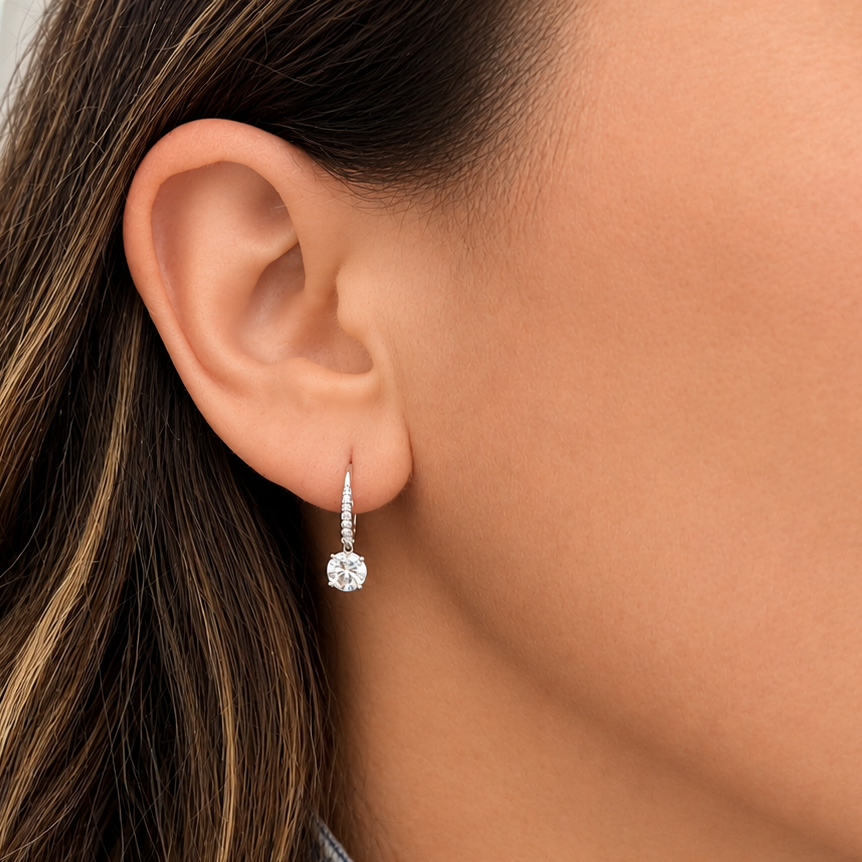 model wearing 14k white gold lab diamond mini hoop earrings