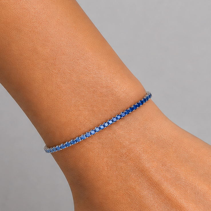 ombre blue sapphire tennis bracelet in 14k white gold close up detail