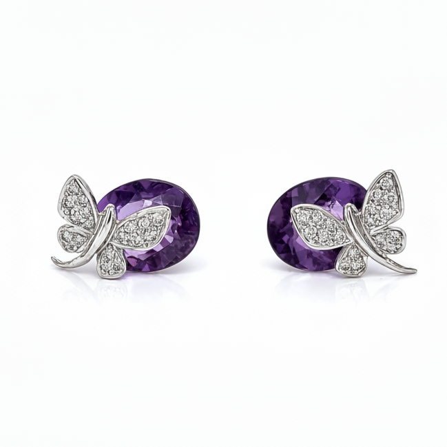 14k white gold stud earrings with oval amethyst and diamond butterfly accent