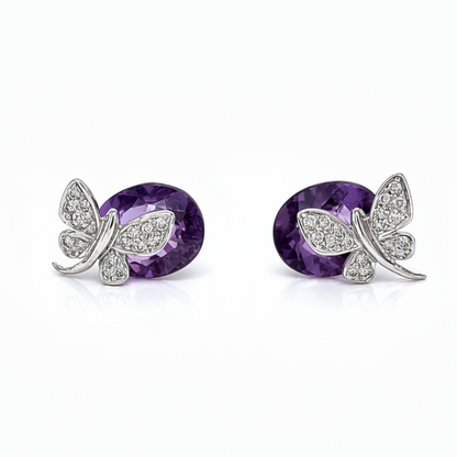 14k white gold stud earrings with oval amethyst and diamond butterfly accent