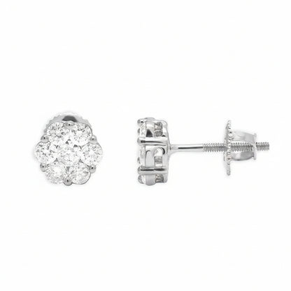 14k white gold round diamond cluster stud earrings with 0.45 cts natural diamonds