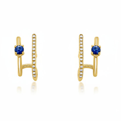 14k yellow gold huggie earrings with double row of sapphires (0.18 cts) and diamonds (0.07 cts)