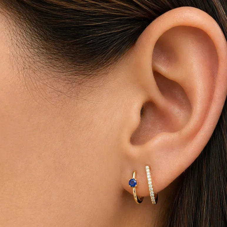 14k yellow gold huggie earrings with double row of sapphires (0.18 cts) and diamonds (0.07 cts)