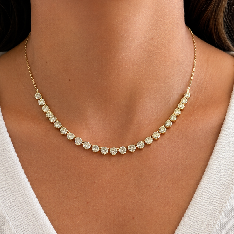 model wearing 14k yellow gold fancy yellow diamond tennis necklace