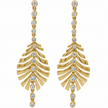 14k yellow gold leaf stud earrings with  pavé diamonds