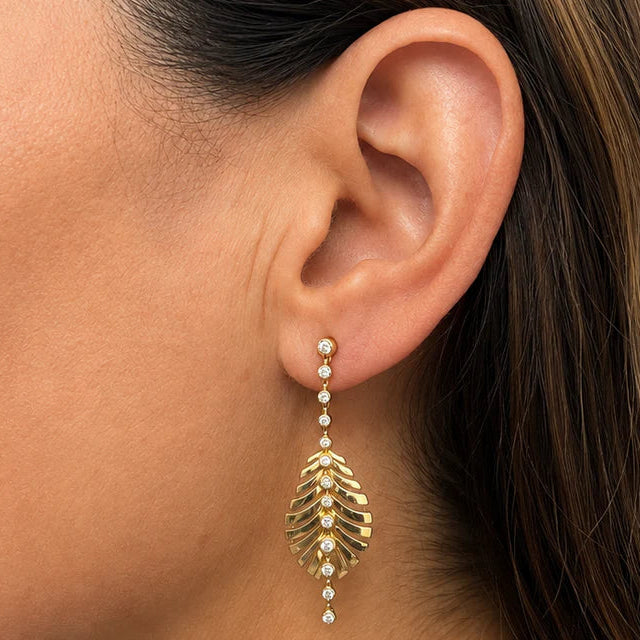 14k yellow gold leaf stud earrings with  pavé diamonds