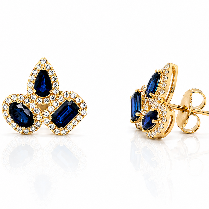 14k yellow gold earrings with mixed cut blue sapphires and diamonds