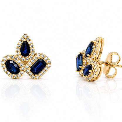 14k yellow gold earrings with mixed cut blue sapphires and diamonds