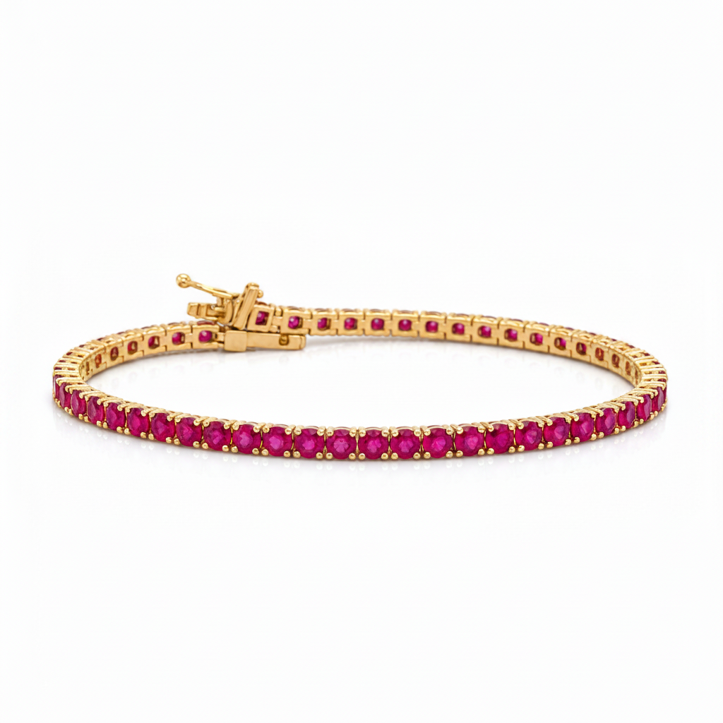 14k yellow gold tennis bracelet with 54 natural red rubies