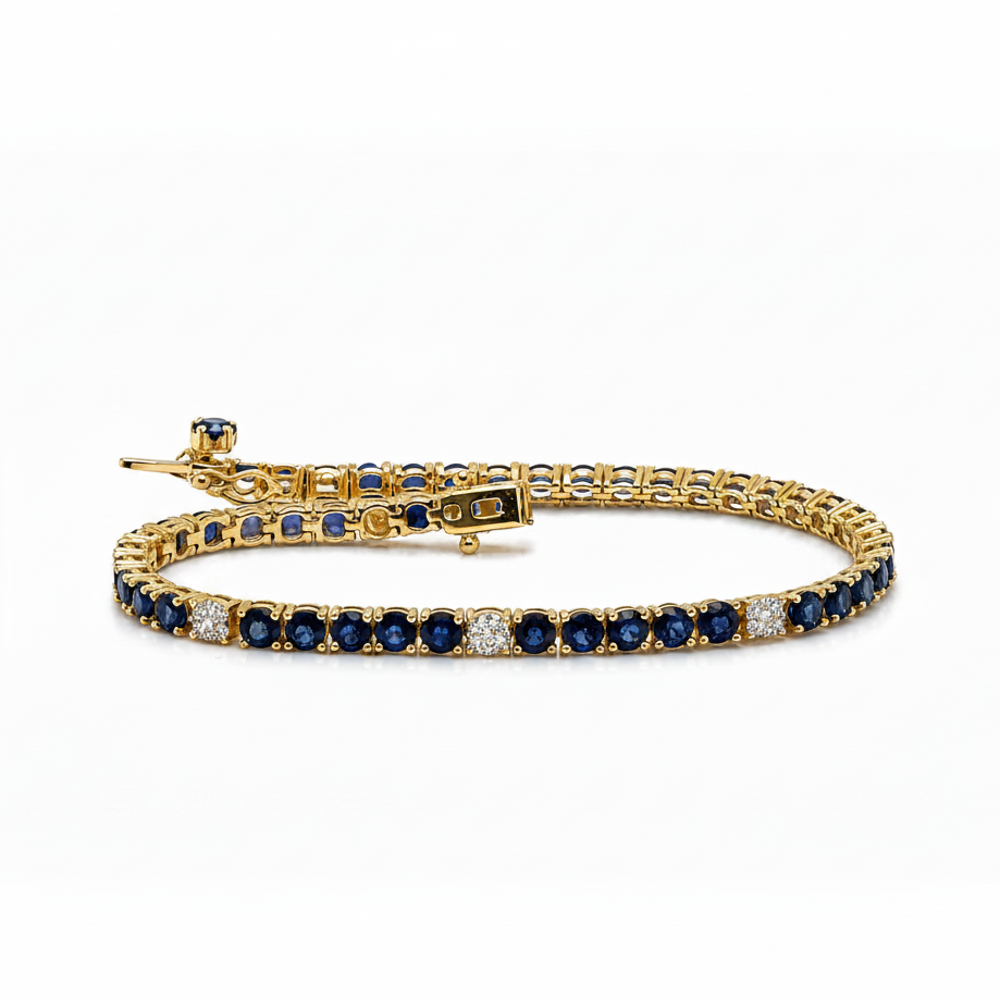 14k yellow gold tennis bracelet with 46 natural blue sapphires and diamonds