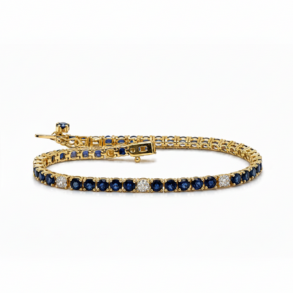 14k yellow gold tennis bracelet with 46 natural blue sapphires and diamonds