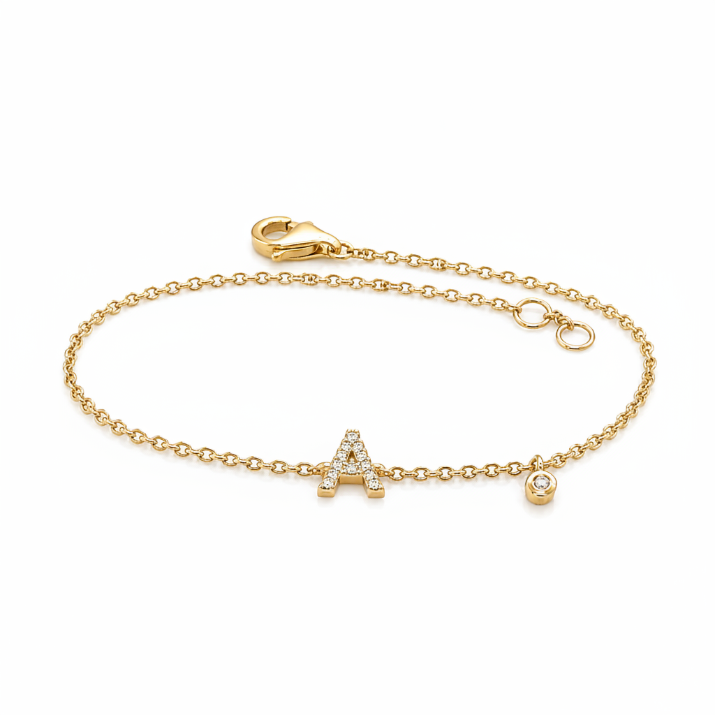 14k yellow gold bracelet with pave diamond initial letter on adjustable chain