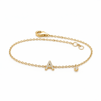 14k yellow gold bracelet with pave diamond initial letter on adjustable chain