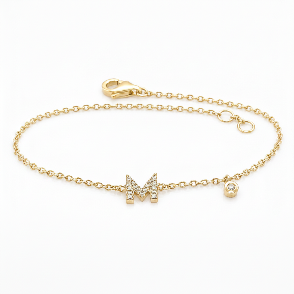 14k yellow gold diamond initial bracelet collection letter m