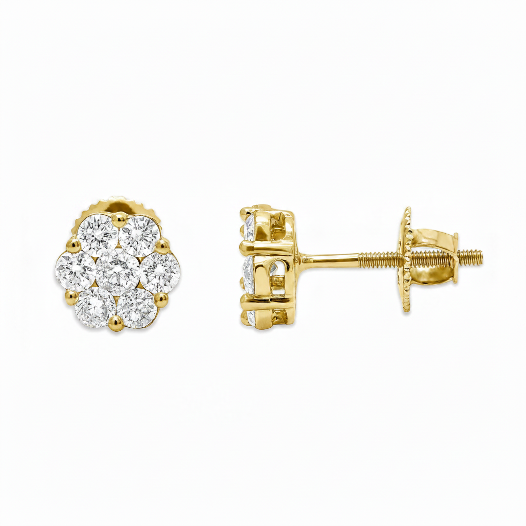 14k yellow gold round diamond cluster stud earrings with 0.45 cts natural diamonds