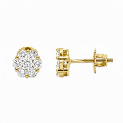 14k yellow gold round diamond cluster stud earrings with 0.45 cts natural diamonds
