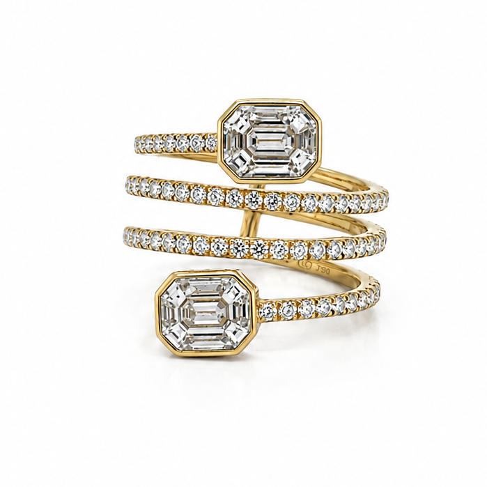 14k yellow gold spiral diamond ring with 1.31 ct baguette and round diamonds