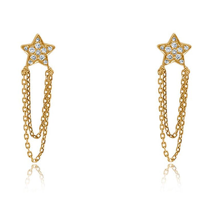 14k yellow gold star chain earrings with 22 diamonds totaling 0.10 cts
