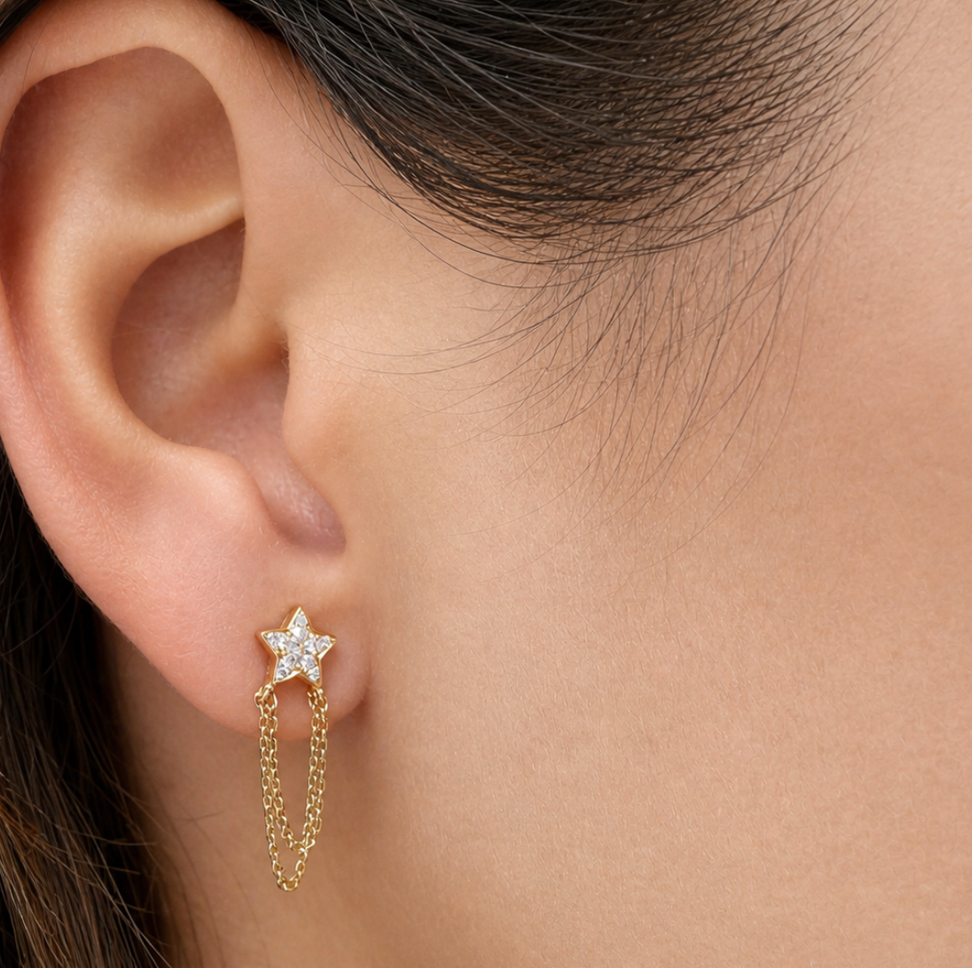 14k yellow gold star chain earrings with 22 diamonds totaling 0.10 cts
