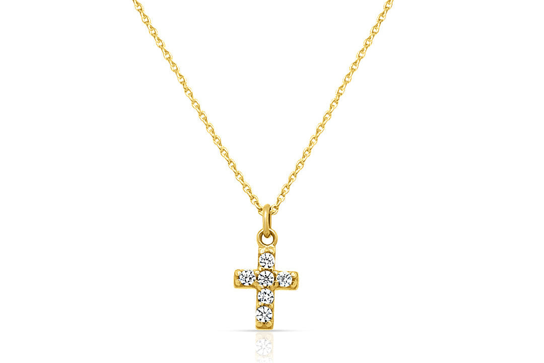14k yellow gold cross necklace with round diamonds on adjustable chain