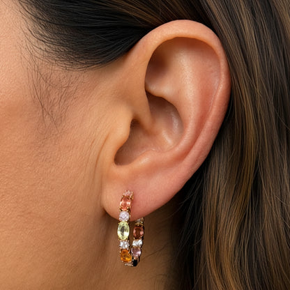 4k yellow gold hoop earrings with multicolor oval sapphires and diamond accents