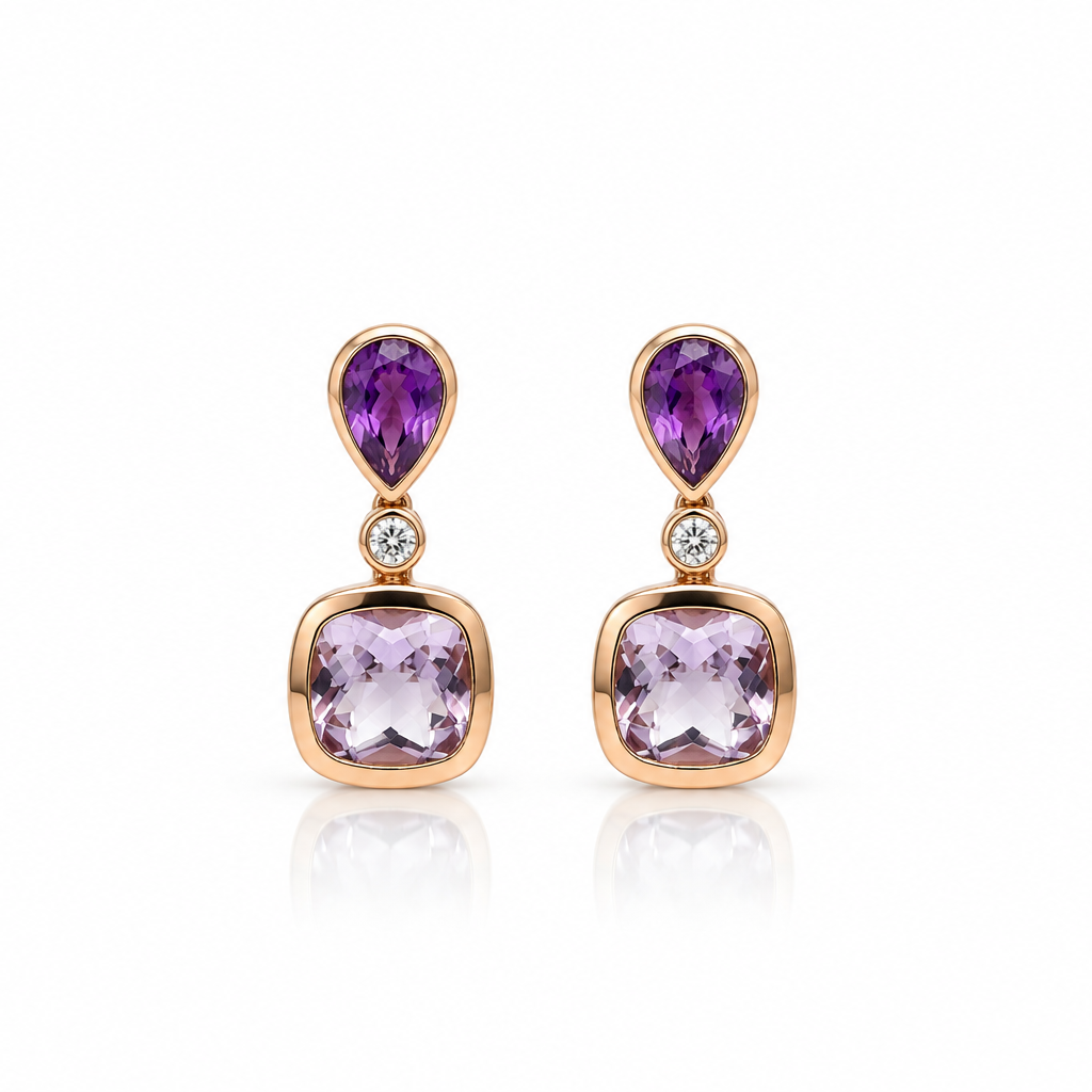 18k yellow gold drop earrings with 4.96 ct amethysts and 0.10 ct round diamonds