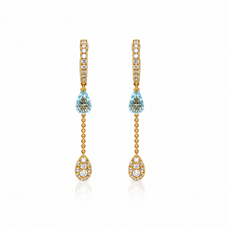 18k yellow gold mini hoop drop earrings with blue topaz drops and 0.68 ct diamonds