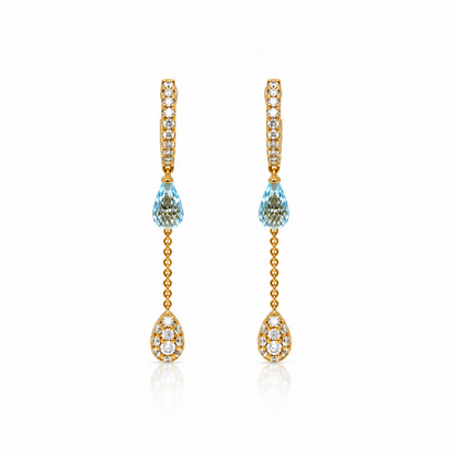 18k yellow gold mini hoop drop earrings with blue topaz drops and 0.68 ct diamonds