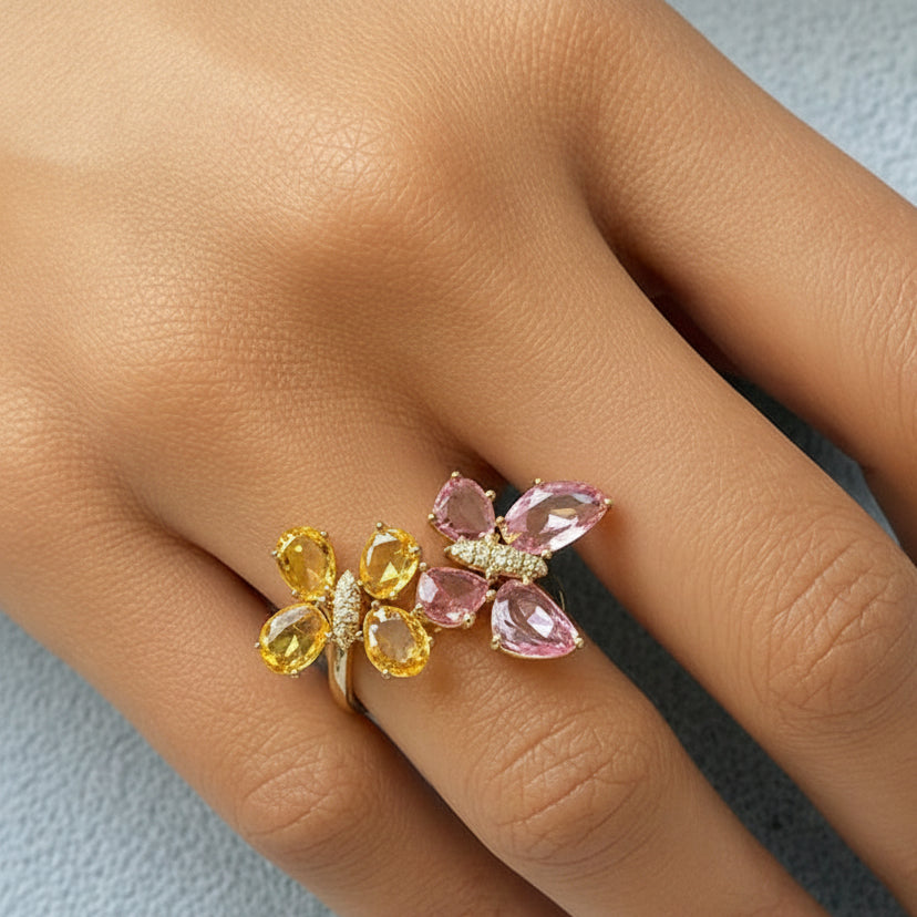 18k Gold Butterfly Ring with Pink-Yellow Sapphires &amp; Diamonds