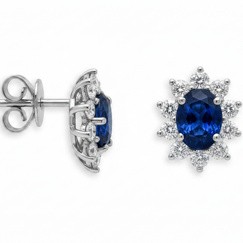 18k gold oval emerald and diamond stud earrings
