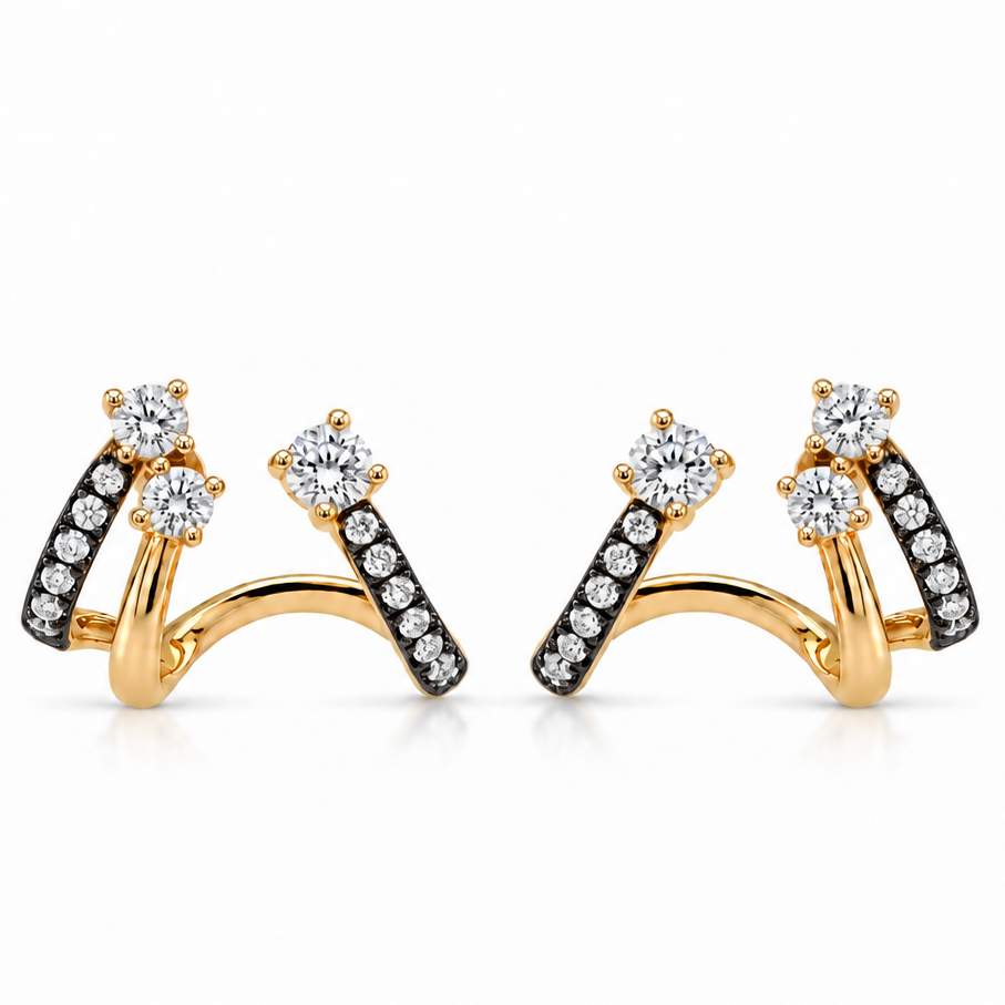 18k yellow gold triple-lobe stud earrings with black rhodium double bands and 0.73 ct pave diamonds