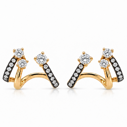 18k yellow gold triple-lobe stud earrings with black rhodium double bands and 0.73 ct pave diamonds