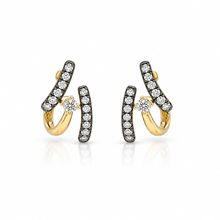 18k yellow gold triple-lobe stud earrings with black rhodium double bands and 0.63 ct pave diamonds